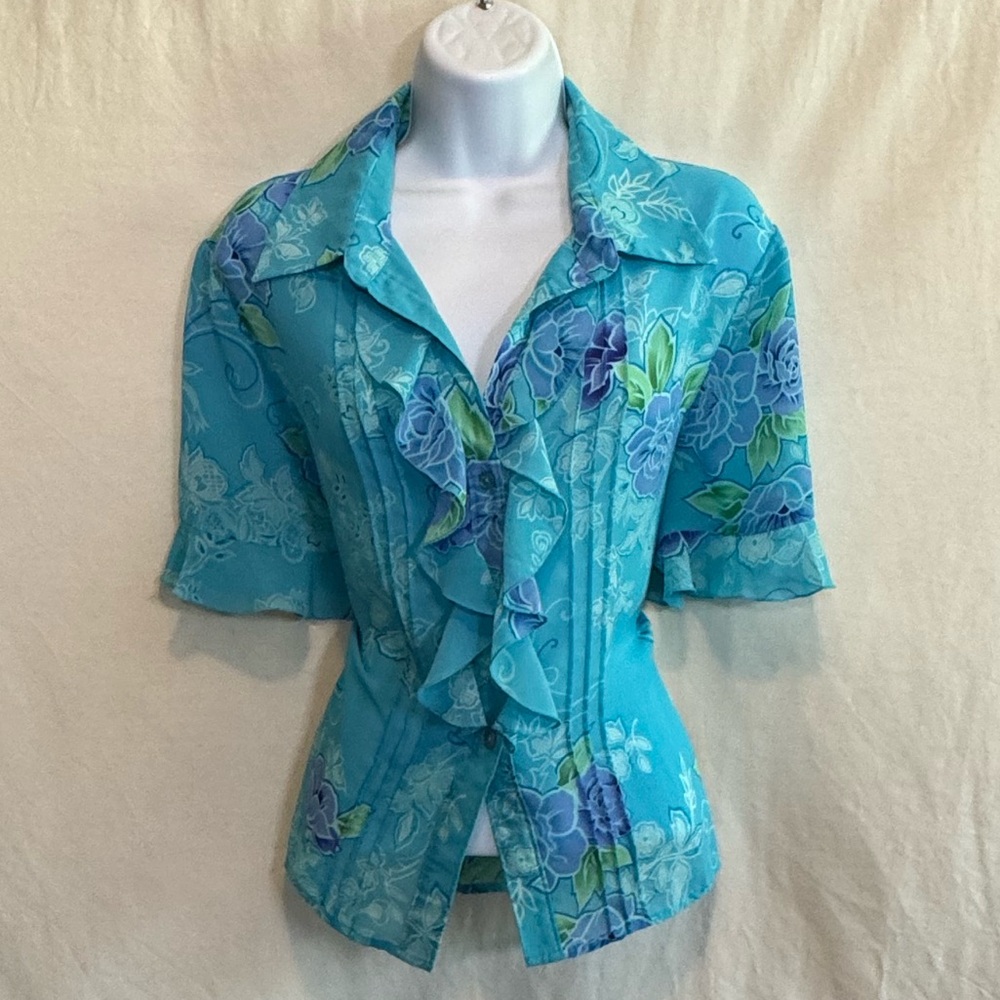 G-13 Studio I PLUS SIZE 14 Blue & Purple Floral Pleated‎ & Ruffle Sui Jacket